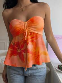 Attitoon Orange Tropical Floral Print Casual Vacation Style, Sexy, Cute Y2K Coconut Girl Boho Vacation Beach Outfits For Women, Springbreak, Brunch-Ready Babyblue, Girls Trip Butter Yellow Neon Beach Vibes, Bohemian Hippie Music Festival Summer Top For Women