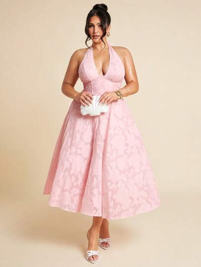 SHEIN BAE Plus Size Women's Spring And Summer Pink V-Neck Halter Neck Textured Fabric Chiffon Dress,Easter Dress Women,Graduation Outfit,Club Outfits Women Sexy,Spring Outfits For Women,Summer Clothes,Holiday Night Outfits,Birthday Women Outfits,Wedding Outfit,Vacation Outfits Women,Concert,Y2k,4th Of July,4th Of July Outfits,Club Outfits Women Sexy,Country Concert Outfit,Fourth Of July,Concert Outfit Women,Rave Outfits Festival,Western Clothes For Women,4th Of July Dress,Dresses For Women Elegant,Fairy Dress,Pink Dress,Sundress