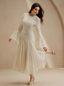 Anewsta Elegant Beige Long Sleeve A-Line Dress With Button Decor Bell Sleeves Party Autumn - Apricot - View 7