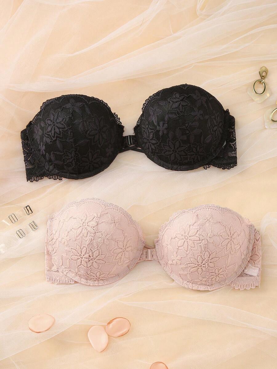 DesireSculpt 2 chiếc áo ngực không dây cài trước hở sâu phối ren tương phản có gọng, được thiết kế dành cho phụ nữ ngực nhỏ, dễ mặc - Nhiều màu - Xem 1