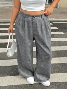 SHEIN EZwear 大码格子印花口袋设计宽松正装裤，秋冬亚麻长裤女式高腰亚麻裤女式宽裤灰色裤子