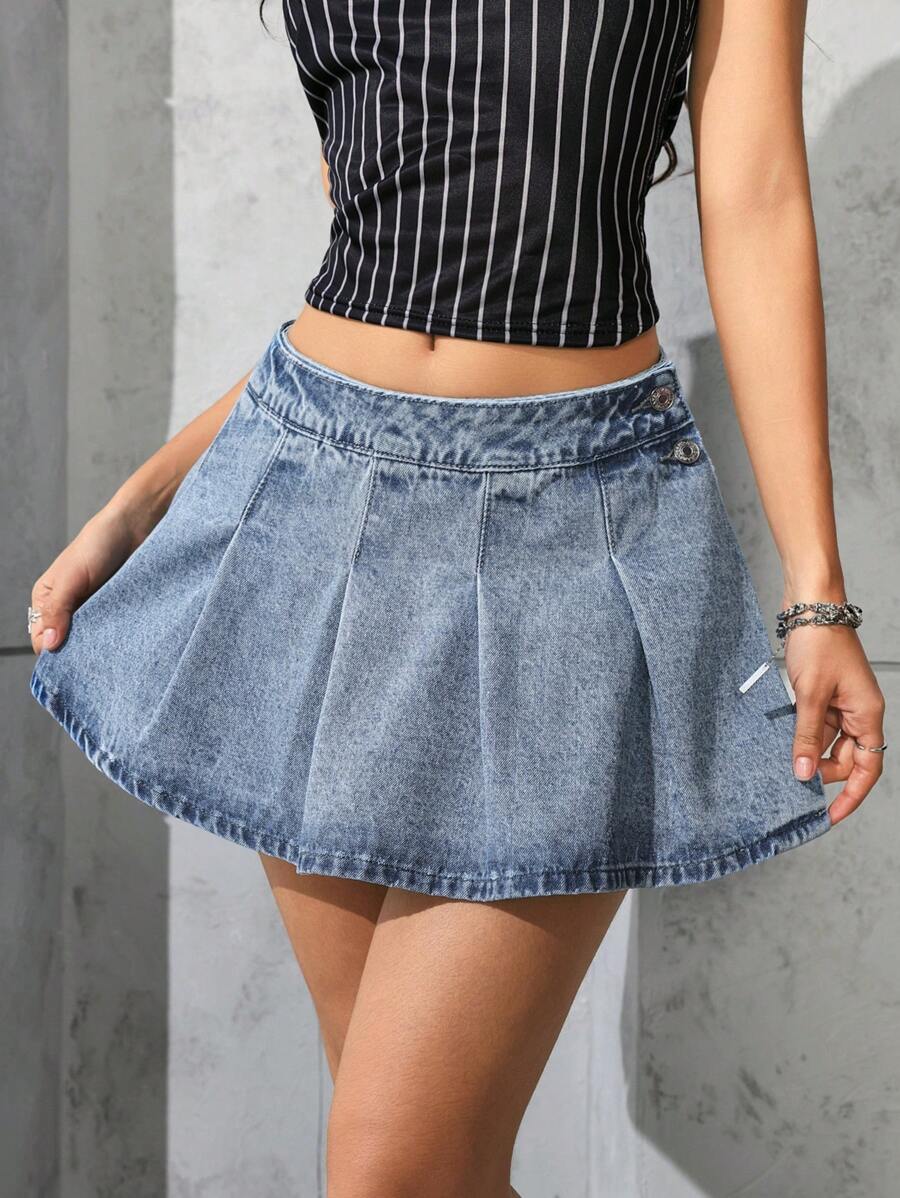 SHEIN EZwear 休闲修身褶皱裹身牛仔迷你裙，夏季 - 淺色水洗藍 - 查看 1