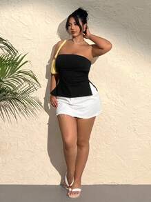 SHEIN EZwear 大尺寸純色無肩帶上衣，開叉設計 - 黑色 - 查看 5