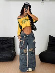 Coolane Lễ hội Rave Brazil mùa hè dành cho phụ nữ Đường phố Y2K Đi chơi Đồ thể thao Áo thun croptop họa tiết Brazil - Màu vàng - Xem 2