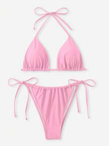 SHEIN Swim Curve طقم بكيني بربطة أمامية للنساء ذوات الحجم الكبير باللون الأحادي، مثير وعصري للاستخدام اليومي والعطلات ال- 2 قطعة - وردي - مشاهدة 1