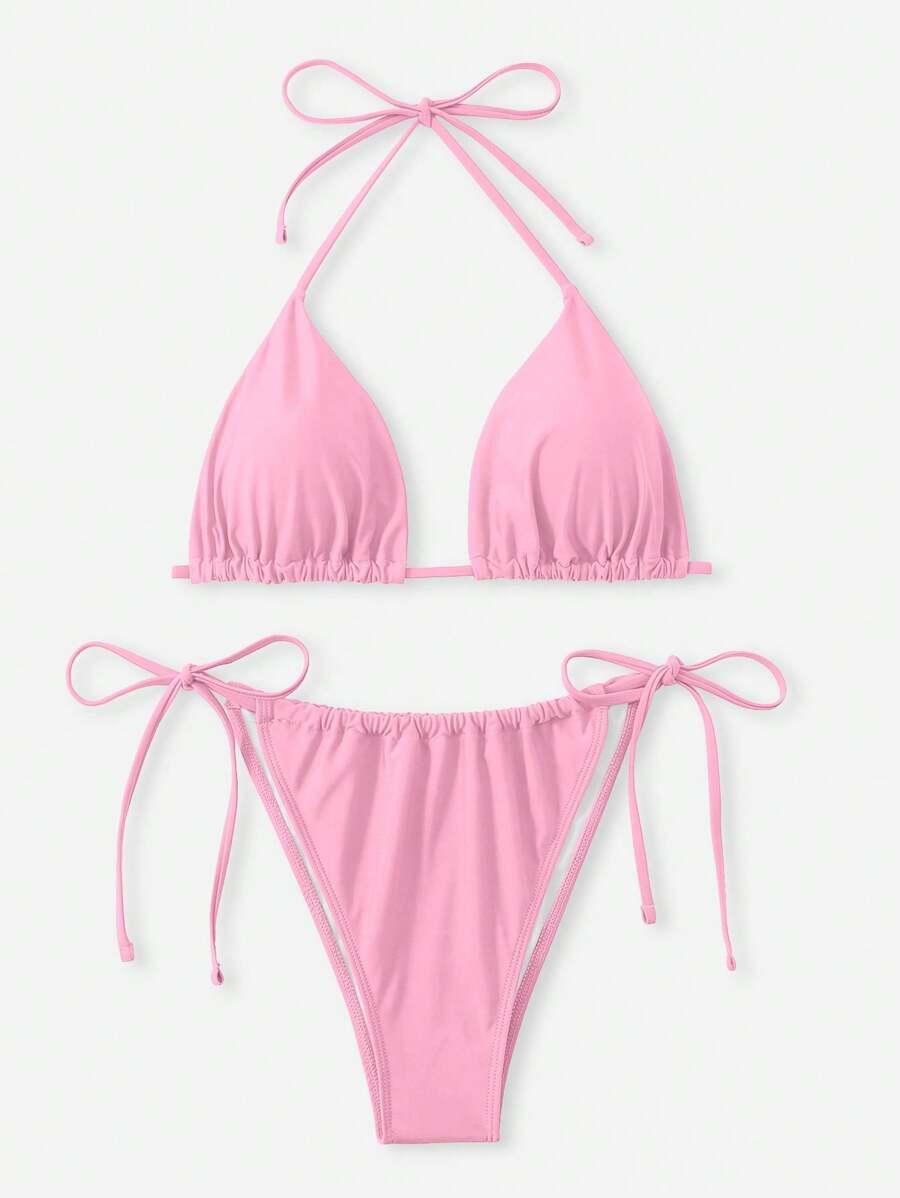 SHEIN Swim Curve طقم بكيني بربطة أمامية للنساء ذوات الحجم الكبير باللون الأحادي، مثير وعصري للاستخدام اليومي والعطلات ال- 2 قطعة - وردي - مشاهدة 1