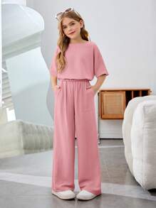 SHEIN Tween Girls Casual Vacation Solid Color Round Neck Short Sleeve Two-Piece Set - Pink - View 7