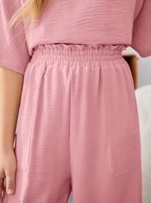 SHEIN Tween Girls Casual Vacation Solid Color Round Neck Short Sleeve Two-Piece Set - Pink - View 8