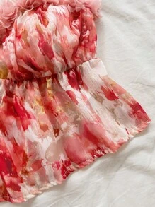 Soleia 女士扎染 3D 花卉装饰雪纺露背短款上衣，适合度假、约会、下午茶、海滩、游轮、公路旅行、音乐节、波西米亚风度假花卉上衣、夏季上衣 - 紅白色 - 查看 3