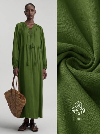 Ontre 女士纯色长袖褶饰时尚流苏系带灯笼袖休闲长裙，适合海滩、度假、毕业典礼、办公室、沙滩装、节日、茶会、派对、休闲度假装