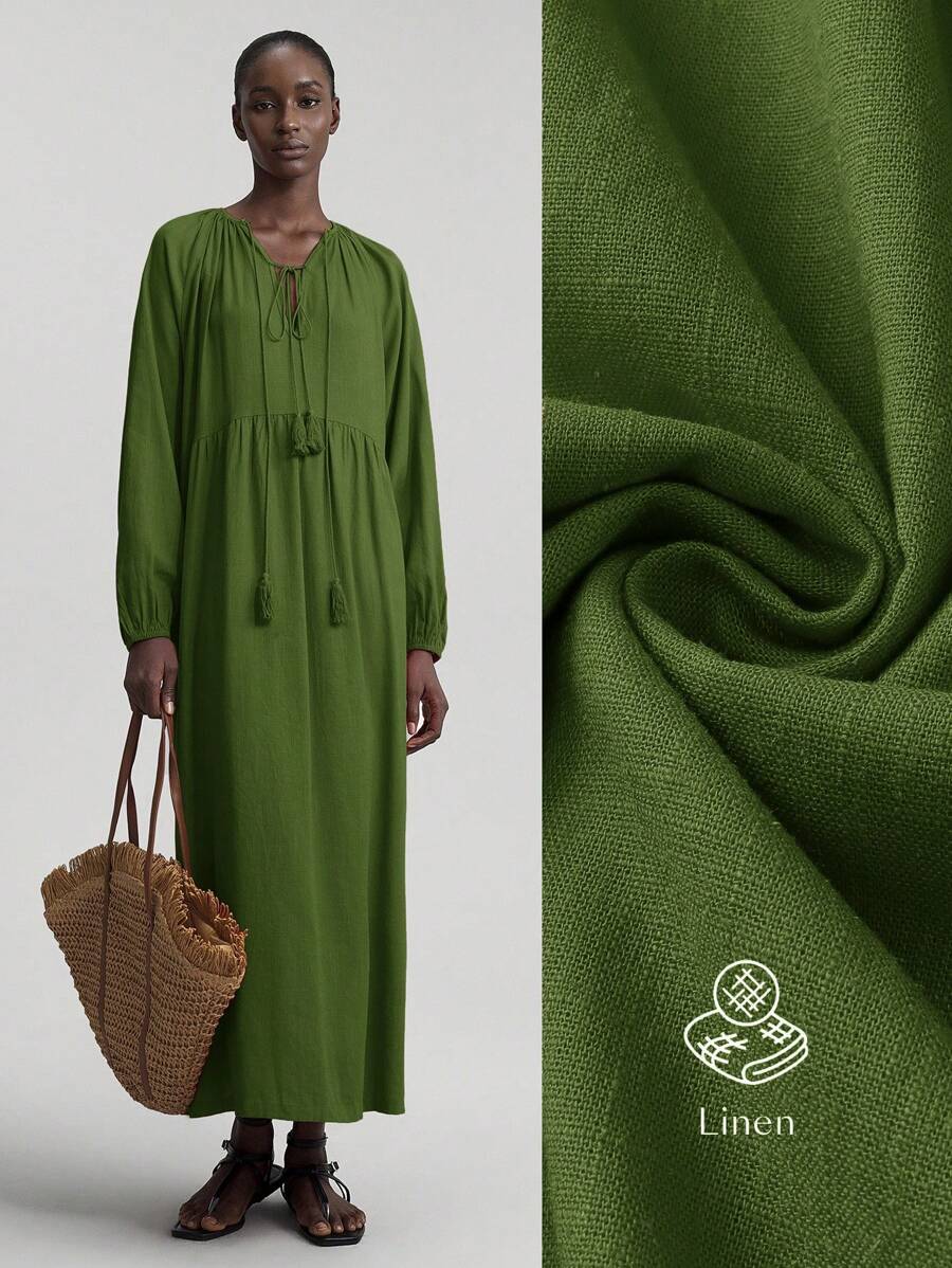 Ontre 女士纯色长袖褶饰时尚流苏系带灯笼袖休闲长裙，适合海滩、度假、毕业典礼、办公室、沙滩装、节日、茶会、派对、休闲度假装 - 綠色 - 查看 1