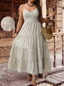 SHEIN Clasi Robe longue pour le Nouvel An, à bretelles fines, dos nu, avec volants à l'ourlet, sans manches, de couleur unie, grande taille, pour tenue de fête pour le Thanksgiving