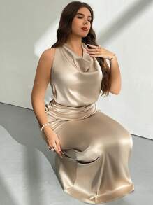 Firerie 2 件套女式缎面褶皱领口系带衬衫和褶皱长裙，适合情人节、音乐会、表演、约会、派对、婚礼、性感、优雅、通勤、返校、度假、海滩、大码、2 件套夏季服装、商务休闲女装 - 杏色 - 查看 6