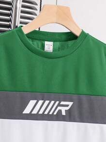 SHEIN 2 件套青少年男孩运动休闲装，包括圆领拼色短袖 T 恤和松紧腰裤，舒适百搭，适合春季、夏季、秋季、日常穿着、户外活动、学校、聚会、派对、休闲 - 墨綠色 - 查看 3