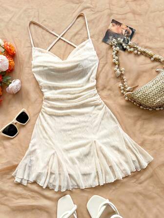 Soleia Damen Träger Rückenfreies Minikleid mit Schleifen, Urlaubsrock, transparent, romantisch, Date, Strandoutfit, jugendlich