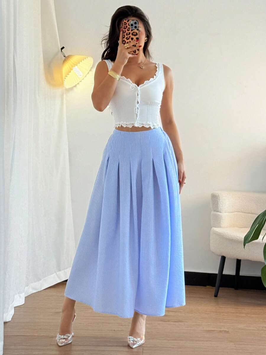 Chiquease 女式休闲条纹印花褶皱喇叭裙，春夏 - 藍色 - 查看 1