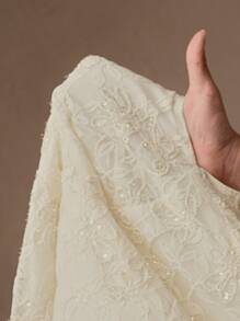 SHEIN Unity Elegante abito aderente e corto con maniche lunghe, design in pizzo traforato stile cinese, arricciatura in vita, adatto per feste ed occasioni formali, primavera/estate - Albicocca - Visualizzare 8
