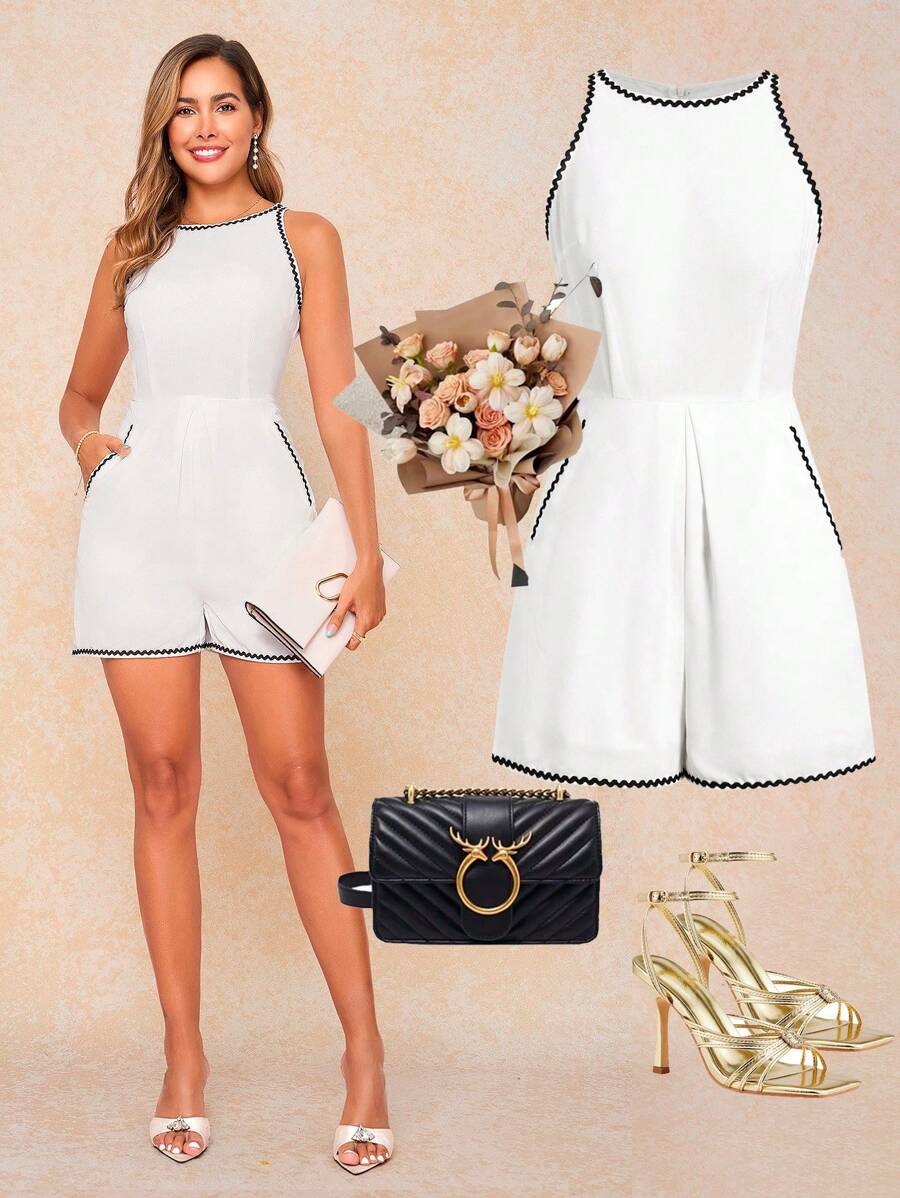 Ellevyn 女式黑白拼色圆领无袖连体裤 女装 夏季 - 白色 - 查看 1