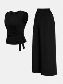 SHEIN Clasi 2件套女士加大码侧系带上衣和裤子套装 - 黑色 - 查看 3