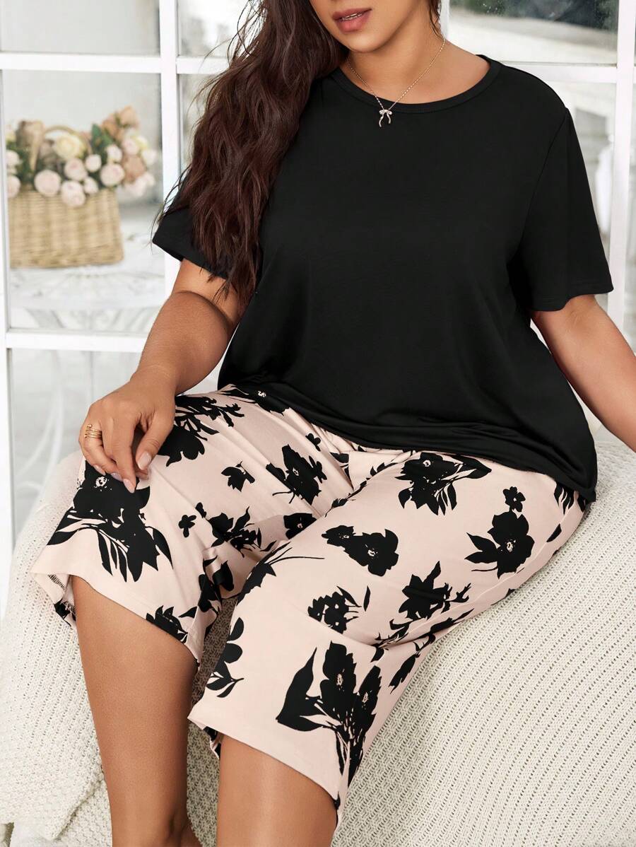 SHEIN Ensemble de pyjama femme grande taille casual avec imprimé floral, manches courtes et pantalon 3/4