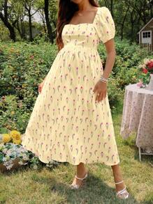 SHEIN Elegant Tulip Floral Print Maternity Dress For Summer - Yellow - View 3
