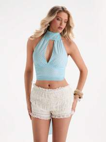 Glamine Top corto estilo k-pop con lunares y cuello de halter para mujer