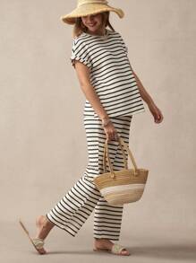 Boho Mama 2pcs/Set Maternity Short Sleeve Striped Top And Pants, Simple Fashionable Casual Everyday Wear