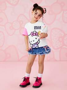 HELLO KITTY AND FRIENDS | SHEIN Young Girl Cute Cartoon Pattern Colorblock Casual Summer Loose Short Sleeve T-Shirt - Multicolor - View 4
