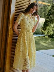 MOTF STUDIO VESTIDO MIDI CINTURADO CON HEBILLA DE ENCAJE GUIPURE