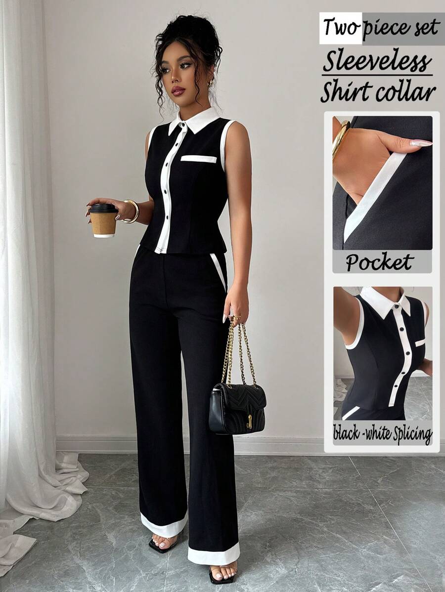 Elenzga Summer Autumn New Elegant Casual Slim Fit Splice Shirt Collar Sleeveless Open Front Short Top T-Shirt And Straight Pocket Knit Pants Women 2 Pieces Set - Black and White - View 1