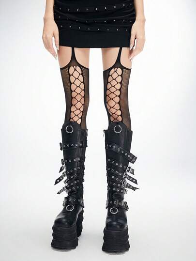 Grunge Punk قطعة واحدة جوارب طويلة لون سادة للنساء بتصميم شبكي مفرغ وحمالات، جوارب شبكية مع حمالات