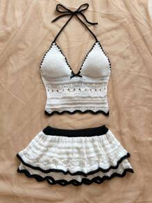 Soleia Conjunto de 2 piezas de blusa halter sin espalda con recorte de contraste y mini falda para mujer de talla grande, atuendos de vacaciones de playa, primavera/verano, estilo bohemio romántico para festivales de música con flores y tejido a ganchillo