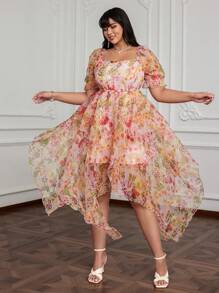 Flirla 加大码方领短袖泡泡袖夏季度假连衣裙，花卉印花荷叶边下摆浪漫优雅可爱海滩派对俱乐部长裙女式