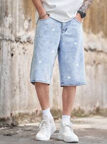 Manfinity Homme 男士宽松带口袋休闲阔腿牛仔百慕大短裤 - 淺色水洗藍 - 查看 5