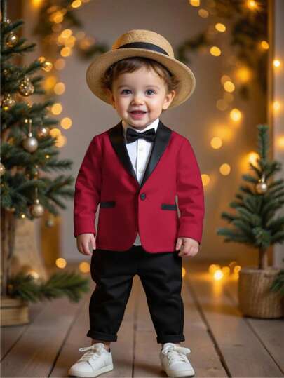 SHEIN Set de 2 piezas para bebé niño, con blazer de contraste en blanco y negro en cuello, y pantalón de cintura elástica. Adecuado para fiestas de cumpleaños, Navidad, bautizos, 1er cumpleaños, galas, actuaciones, bodas, baby showers, etc.
