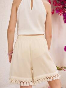 SHEIN 1 pieza Pantalones cortos deportivos con dobladillo de flecos para niñas, adecuados para la escuela y el verano