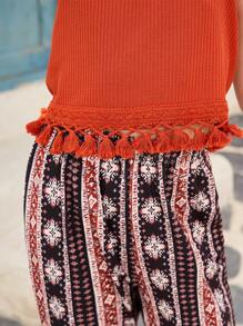 SHEIN Set da 2 pezzi da ragazza tween, stile boho retrò, top a maglia smanicato con frange e pantaloni larghi a gamba larga, adatto per vacanze estive e tempo libero - Multicolore - Visualizzare 5