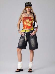 ROMWE Anime Women Cartoon Character Printed Tube Top Casual Blouse, Summer