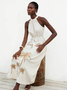 Aveloria Modichic Nuevo vestido sin mangas de lino con bordado de árbol de coco, cinturón de cintura con borlas estilo vintage, estilo de vacaciones francés