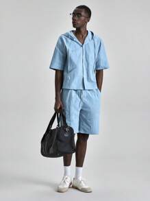 Ontre 2025 Summer Men Solid Color Elastic Waist Drawstring Pockets Cargo Shorts, American Flag Print Shorts Suitable For Independence Day, St. John's Day, Graduation Occasions, Casual Daily Wear, Cute Summer Shorts For Men, Vacation, Beach, Leisure, Sports - Blue - View 2