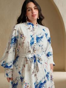 Anewsta Plus Size Women's Long Sleeve Elegant Flared A-Line Dress, New Style - Blue - View 6