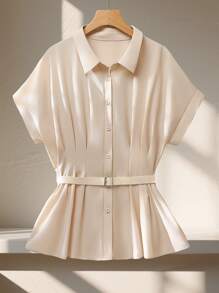 SHEIN Frenchy Plus Size Elegant Solid Color Bat Wing Pleat Blouse, Summer