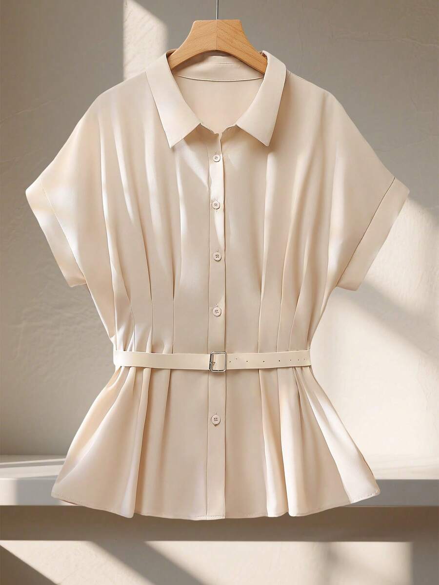 SHEIN Frenchy Plus Size Elegant Solid Color Bat Wing Pleat Blouse, Summer