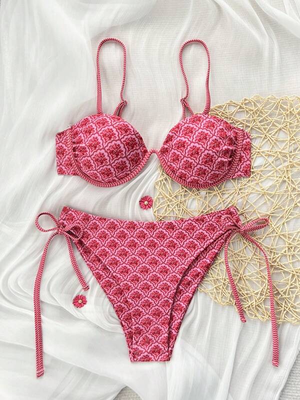 Swim Mod Set de 2 piezas Bikini con estampado aleatorio de triángulo con tirantes, traje de baño de verano para la playa