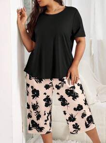 SHEIN Ensemble de pyjama femme grande taille casual avec imprimé floral, manches courtes et pantalon 3/4