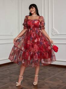 Lyrianda 大码女式春夏方领度假欧根纱优雅、甜美、可爱的长裙