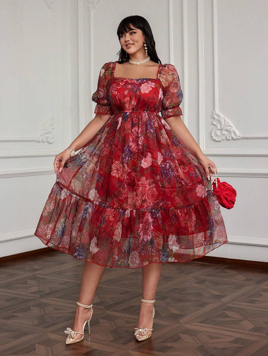 Lyrianda 大码女式春夏方领度假欧根纱优雅、甜美、可爱的长裙