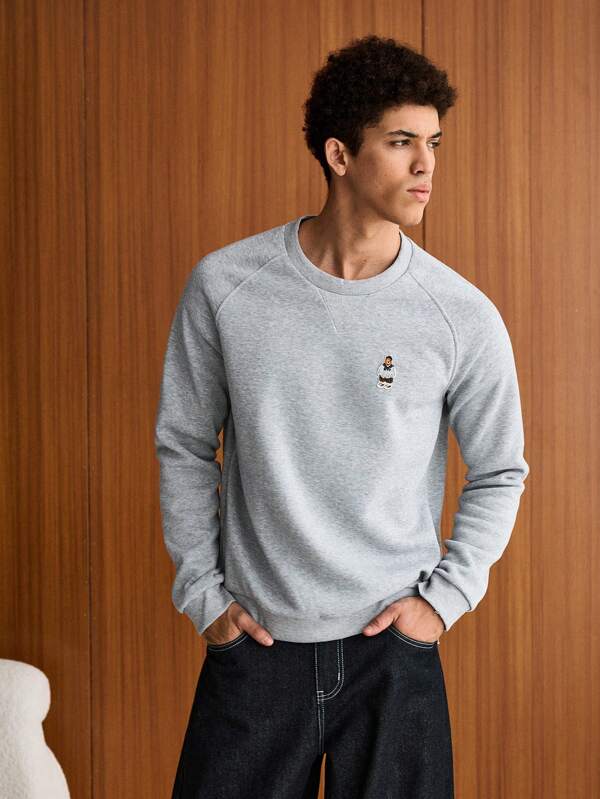 SWAVVY Men's Knit Fashion Casual Loose Fit Long Sleeve Sweatshirt With Patch, Streetwear Going Out Crew Neck Light Grey Sweatshirt, For Friends, Husband, Boyfriend Gifts