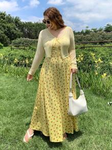 SHEIN EZwear 加大码两件套：碎花收腰喇叭裙 + 透视夹克 - 黃色 - 查看 3