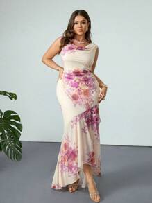 Firerie Plus Size Women Floral Print Adjustable Spaghetti Strap Ruffle Hem Vacation Dress, Pink, Sundress Clothes Women Summer Clothing Women Dresses Birthday Women Clothes Women Summer Sets, Summer Dresses For Women - Apricot - View 3